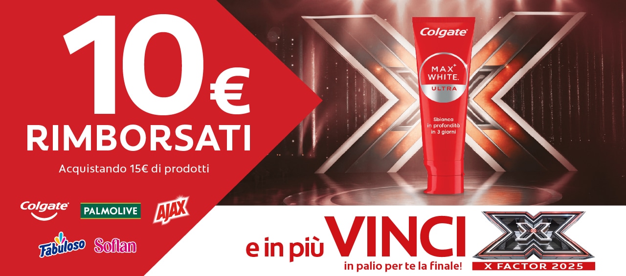 Acquista almeno 15€ di prodotti e richiedi il rimborso di 10€. Con lo stesso scontrino puoi partecipare al concorso per provare a vincere n. 1 pacchetto per assistere alla FINALE di X Factor 2025